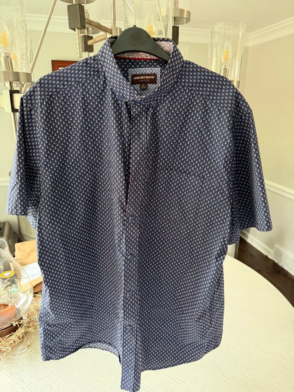 Johnston & Murphy Short Sleeve Shirt Navy White Anchor Print Men's XL